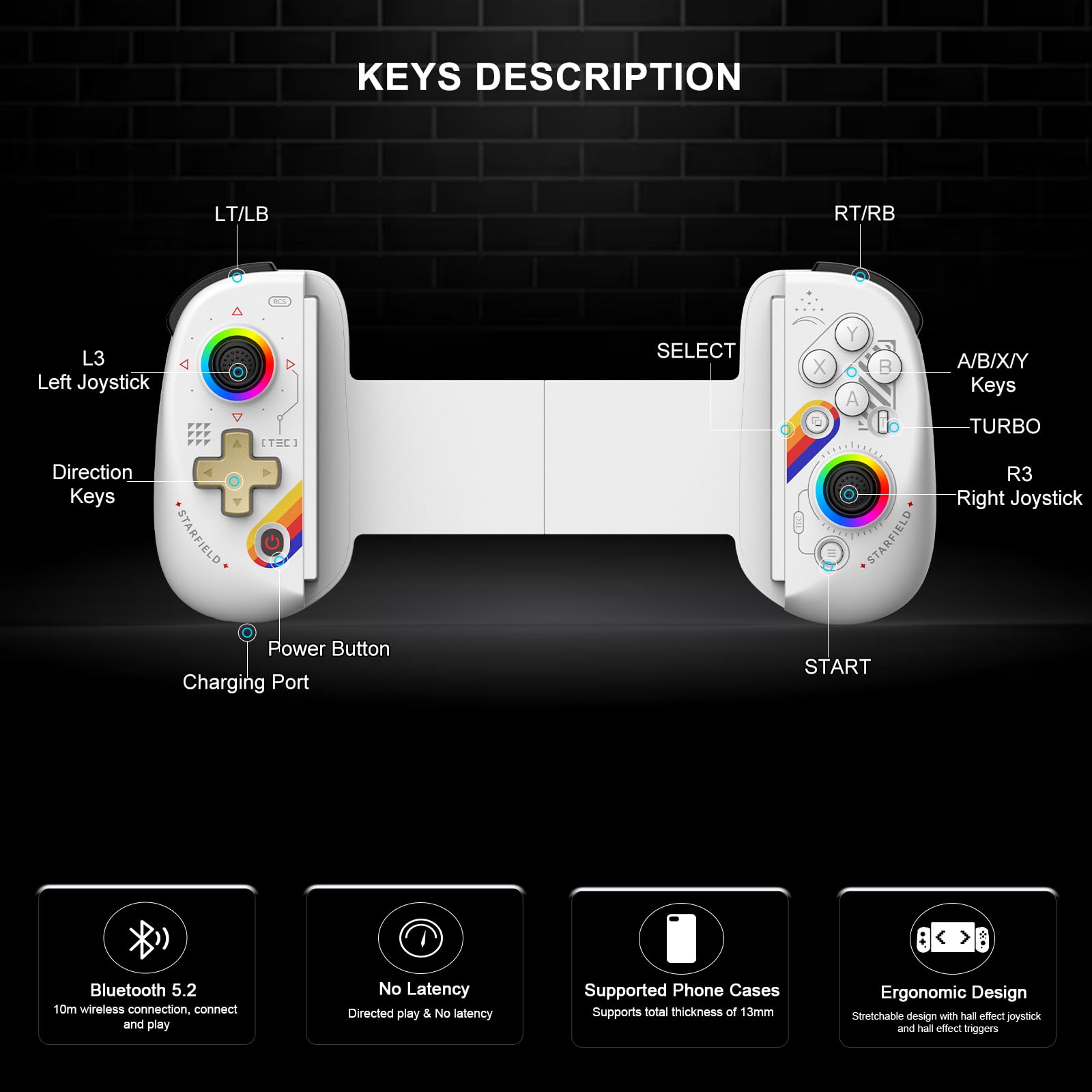 arVin Wireless Gamepad Controller for iPad/Tablet/iPhone/Android/Switch [Within 5-10"]with RGB Hall Effect Joystick/Hall Trigger/Turbo/Support Streaming on Xbox/PS4/PC Console/Cloud Gaming/CODM Mobile