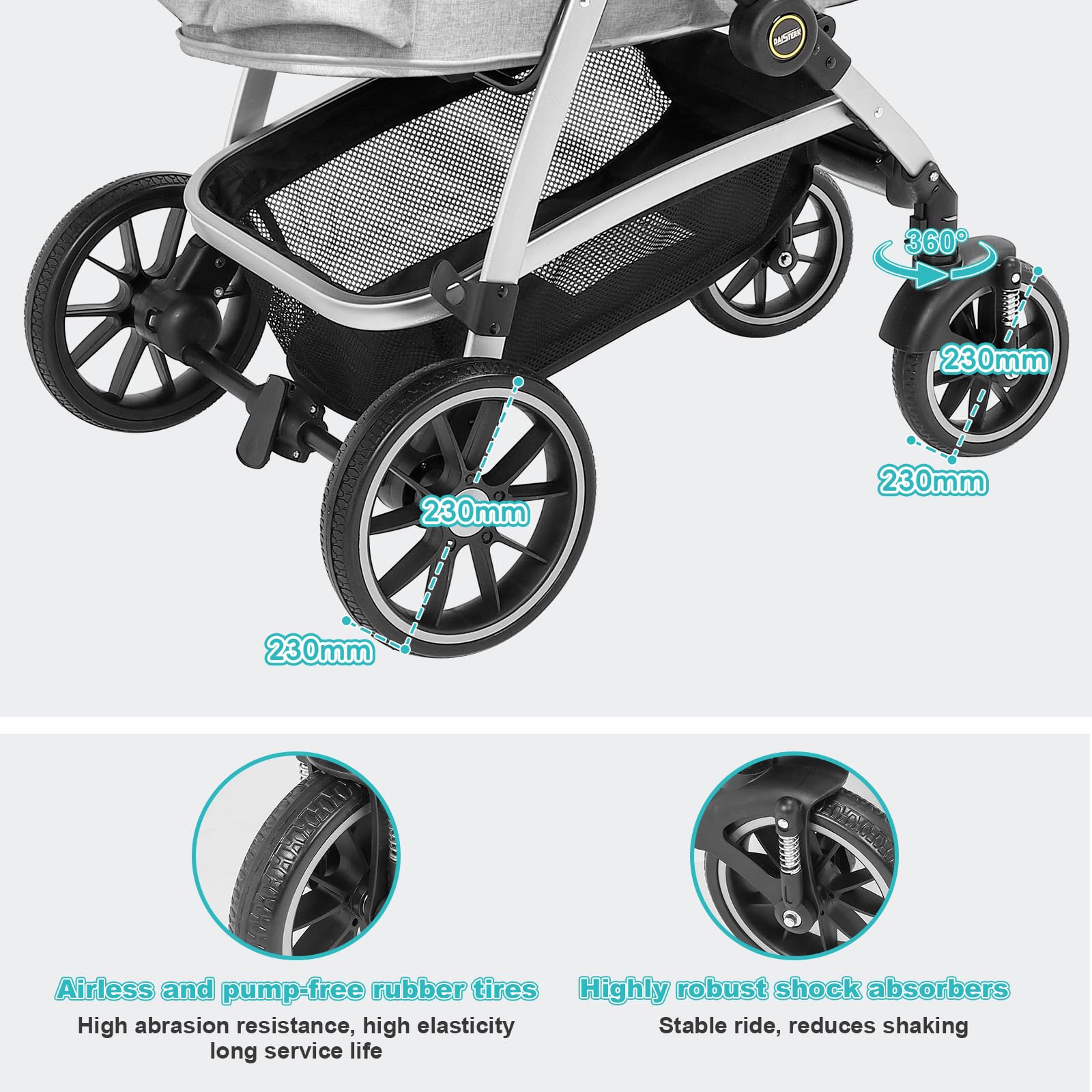 DAISTERN Passeggino per Cani 4 in 1 fino 25 Kg,Telaio in alluminio anodizzato 100% pieghevole,ruote gomma schiumosa 360°,Staccabili,adatto per cani e gatti di medie e piccole taglie, Grigio