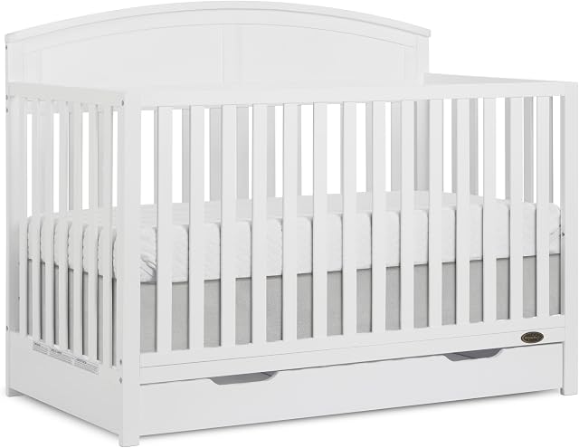 JPMA & Greenguard Gold Certified Dream On Me Storybrooke 5 in 1 Convertible Crib with Under Drawer in White, Made of Sustainable Pinewood, Non-Toxic Water-Based Paint Finish