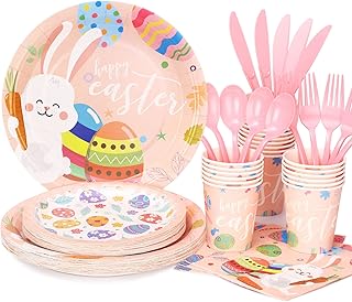 LOOWVY Easter Plates and Napkins Including Paper Plates Cups Napkins Forks Spoons Knives for Party Supplies Easter Table Decorations，Serves 24 Guests