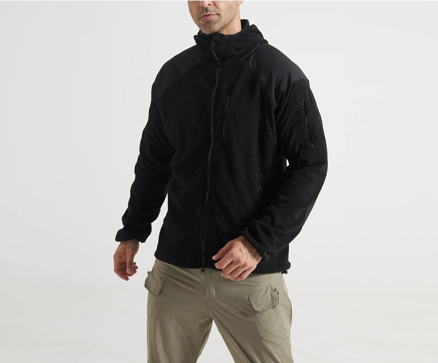 Men Military Grid Polar Fleece Tactical Jacket Stand Collar Windproof Thermal Hooded Sport Outerwear
