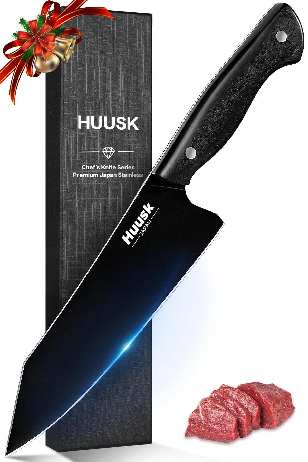 Huusk Japanese Chef Knife for Kitchen - 7" Kirisuke Knife with Black Titanium Coating, Stainless Kitchen Cooking Knifes for Vegetable & Meat Cutting, Ultra Sharp Sushi Knives, Men's Christmas Gifts