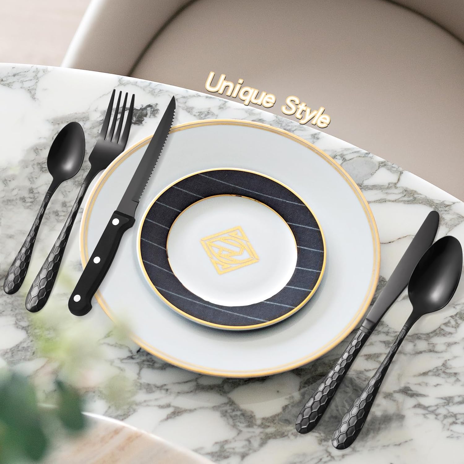 30 Pcs Black Hammered Silverware Set Service for 6,with Steak Knives Stainless Steel Flatware Set,Mirror Cutlery Utensil,Durable Kitchen Tableware,Ripple Teardrop Fork Knife Spoon,Dishwasher Safe