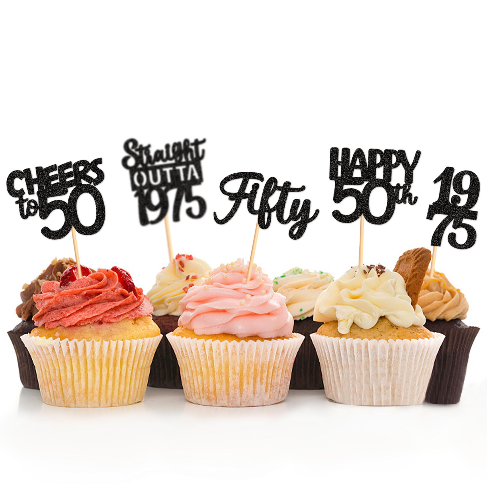 Rsstarxi Cupcake-Topper Zum 50. Geburtstag – 24 Stück, Schwarzer Glitzer, Vintage 1973 Design