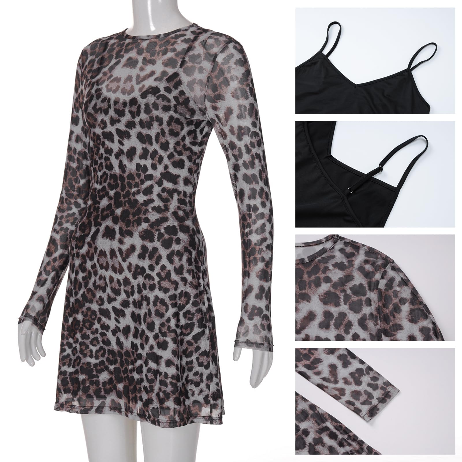 Robes Clubbing femmeAOWVUTS Robe Femme Sexy à Manches Longues Mini Robes Motif Léopard Robe Courte Moulante Col Rond Chic