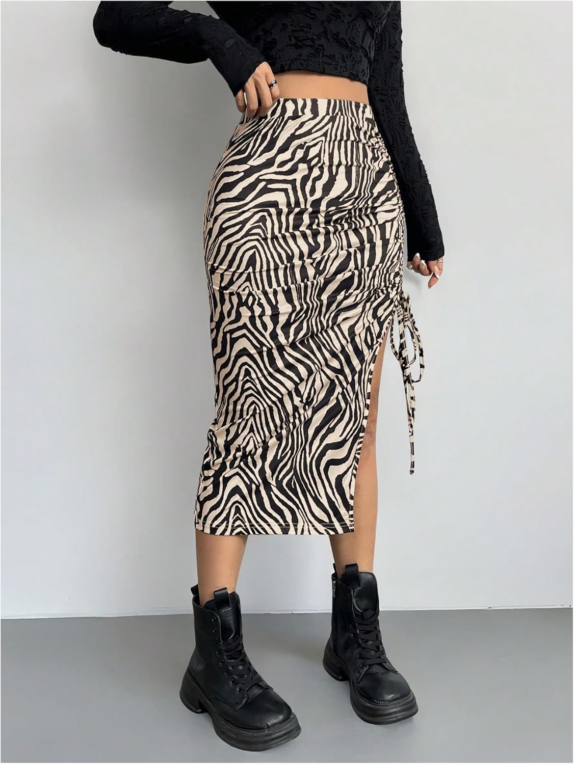 Verdusa Women's Animal Print Drawstring Thigh Slit Bodycon Skirt Elegant Ruched Long Skirts - Image 4