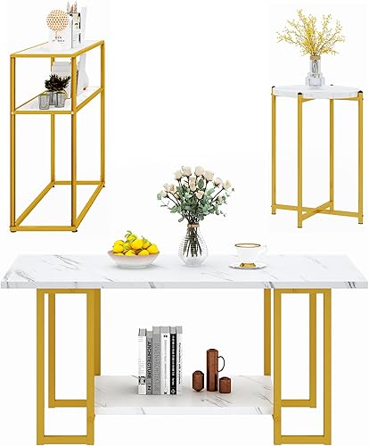 AWQM Juego de mesa de sala de estar, mesa auxiliar blanca de mármol sintético, mesa auxiliar de 3 niveles y mesas de consola y marco de metal dorado