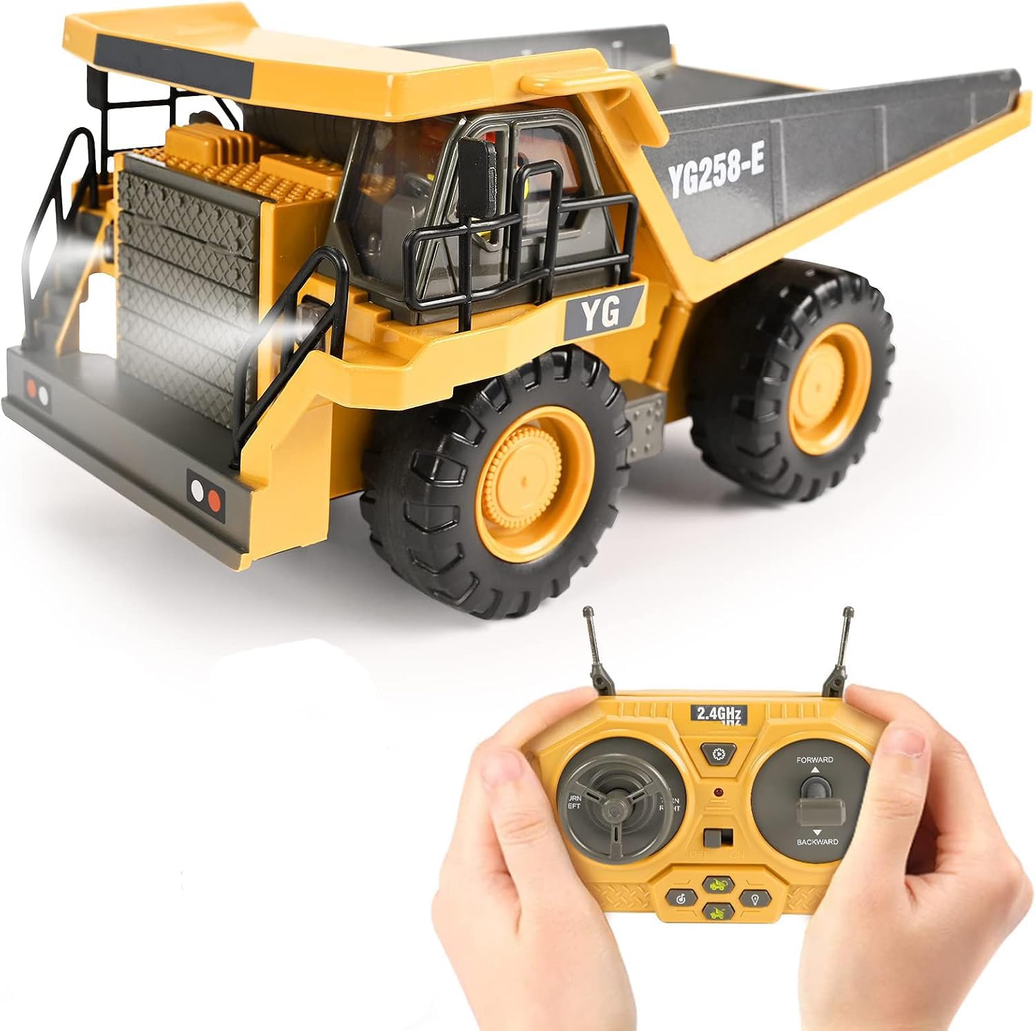 Remote Control Dump Truck Toys, RC Construction Toy Vehicles with Metal Bed Lights/Sounds, 9 Channel 2 Batteries RC Truck Toys, Bulldozing Dump Engineering Truck, Birthday Gifts for Boys Age 6+