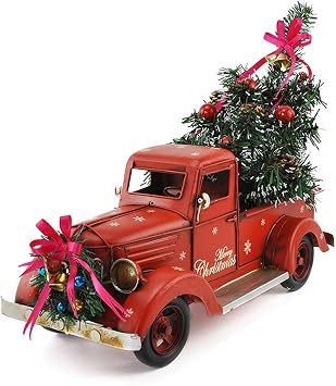 HAO Vintage Red Truck with Mini Christmas Trees Ornaments, Handcrafted Old Red Metal Pickup Truck Car Model for Christmas Decorations, Table Top Decor 18inch