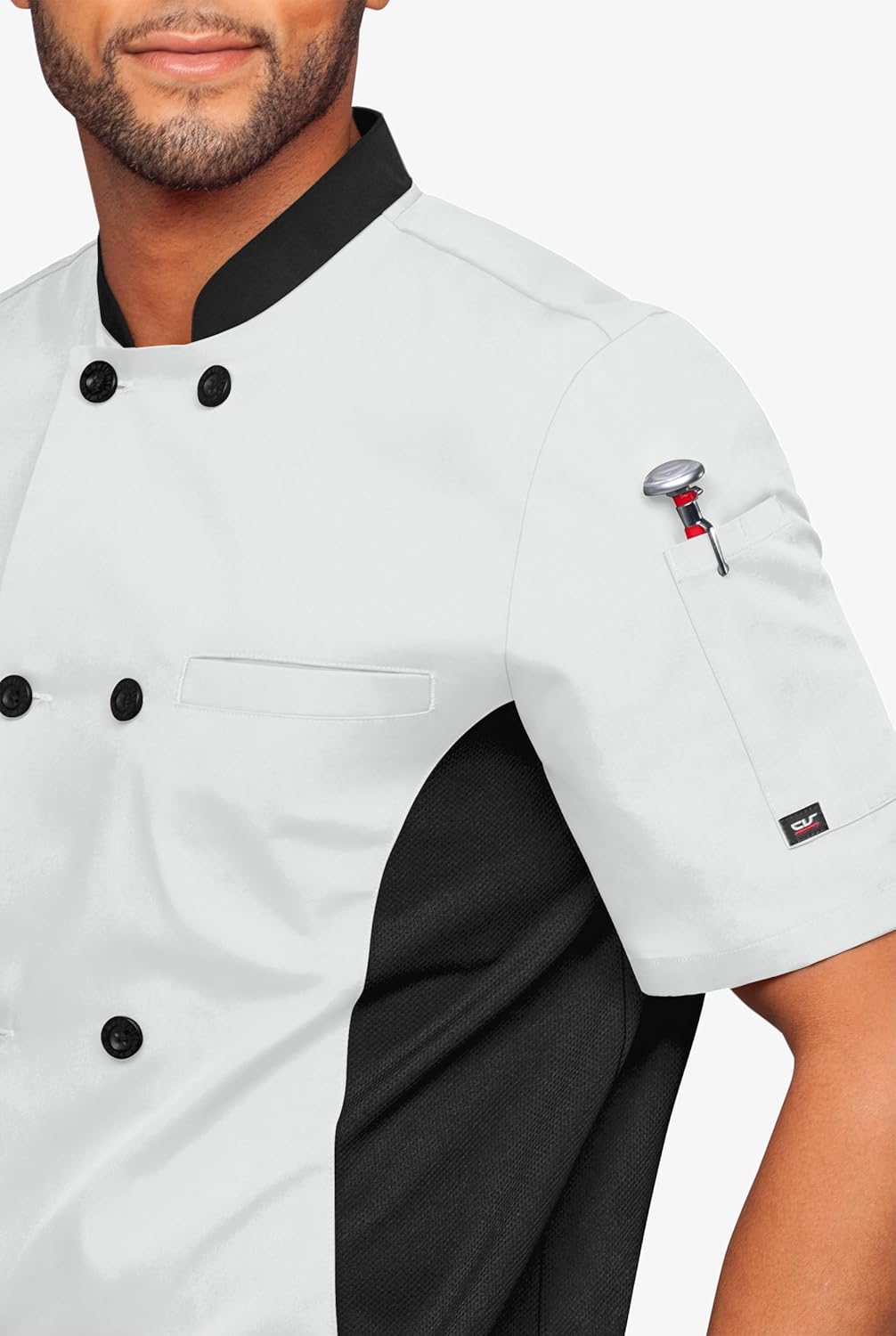 Men's Chef Coat Short Sleeve - Professional Chef Jacket with Breathable Mesh Side Panels & 2 Pockets for Culinary Essentials - Image 4