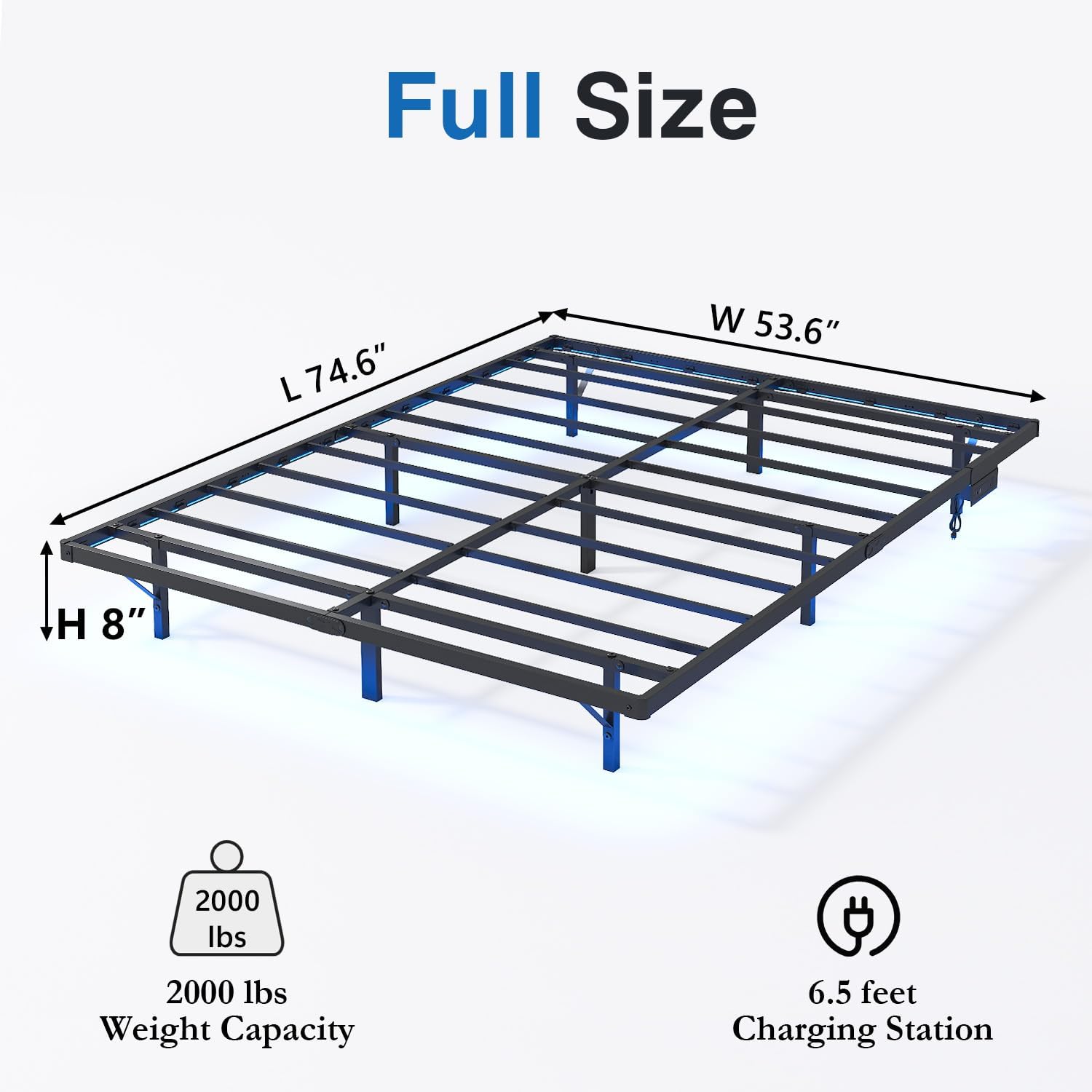 Floating Bed Frame Full with LED Lights and Charging Station - 8 inch Platform Bed Frame No Box Spring Needed, Easy Assembly
