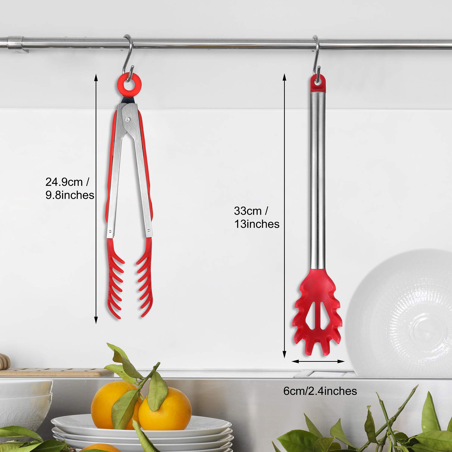 Cuillère-pince à Spaghetti En Silicone Et Acier Inoxydable - Avec Dents, Trous D'égouttage, Poignée Anti-brûlure