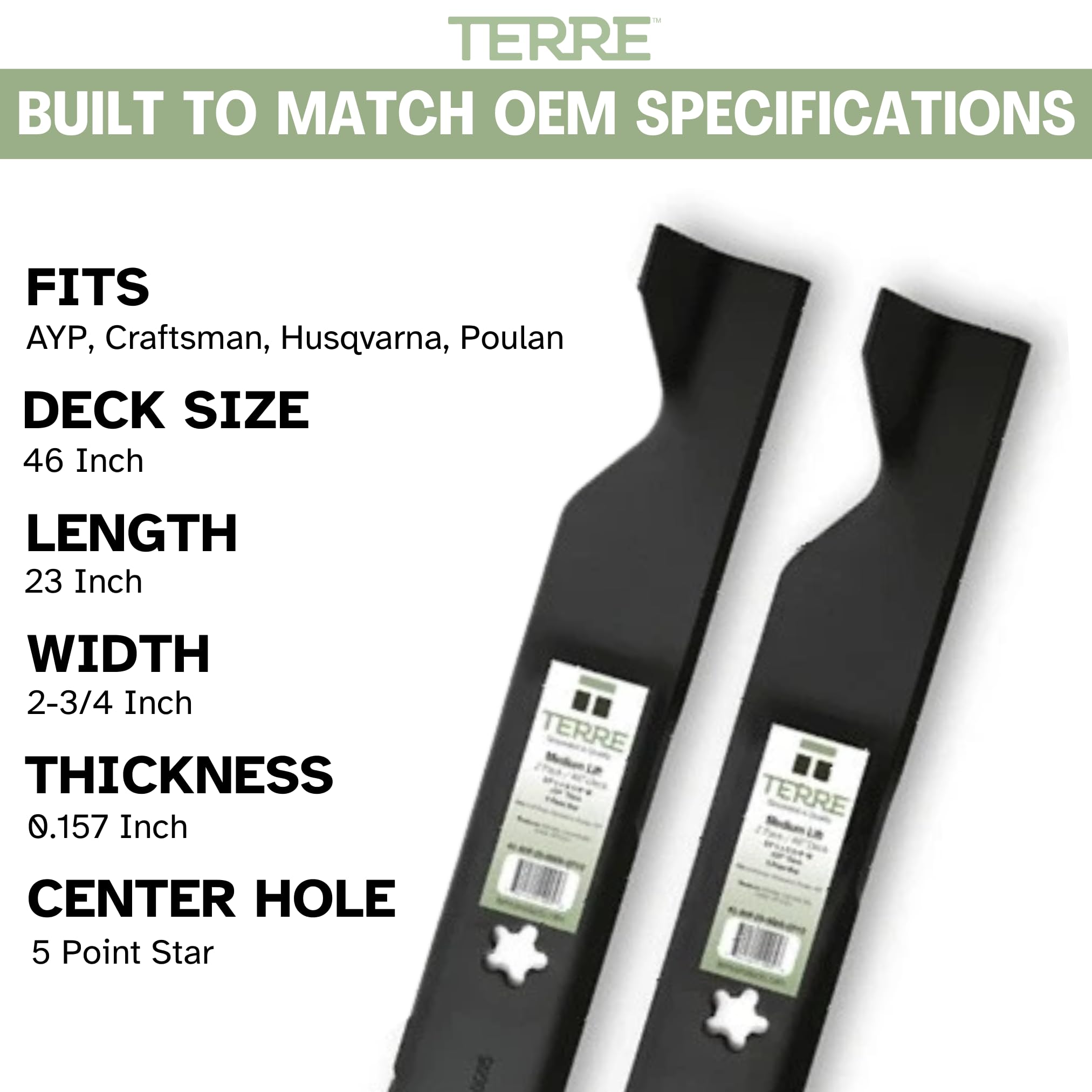 Terre Products - Paquete de 2 cuchillas para cortacésped de elevación media, corte de 46 pulgadas, compatible con Craftsman, Husqvarna, Poulan, repuesto para 405380, 532-405380, 33266 y PP21011