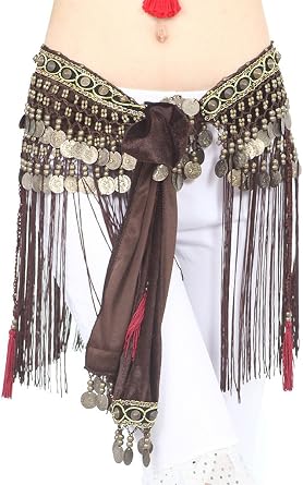 Womens Belly Dance Tribal Hip Scarf with Fringe Coins Flannel | Belly Dancing Skirt Wrap Belt with Tassels & Coins Jingling,For Halloween,Pirate,Dance Class,Cosplay,Performance,Carnival