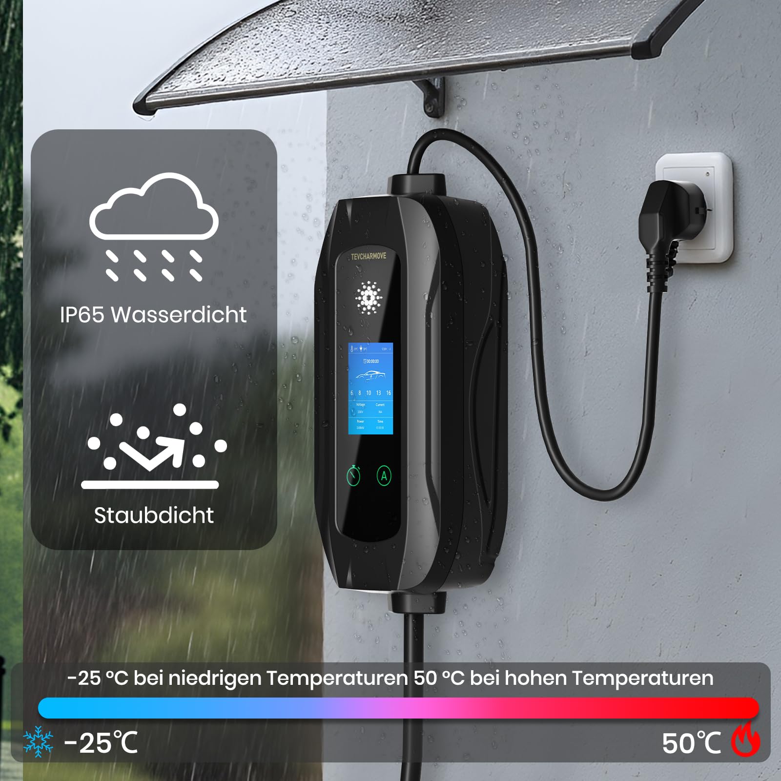 Mobile Wallbox 3.68KW Typ 2 Ladekabel, 5M|1-Phasig Ladekabel mit Schuko Stecker, 6-16A Tragbare EV Ladegerät mit Einstellbarer Ladeleistung, EV Charger Wallbox für Elektroauto & Hybrid (PHEV/EV)