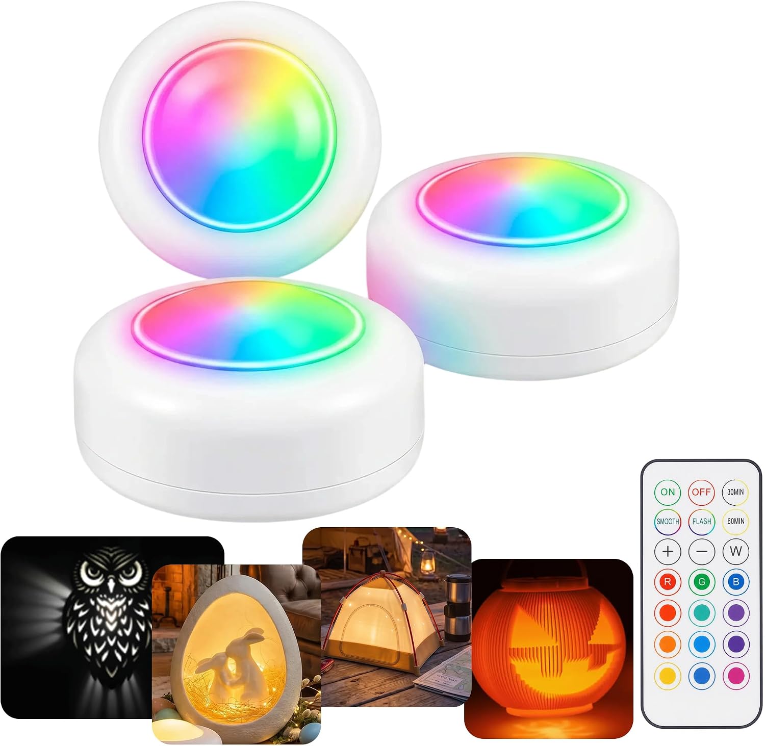3 Pack Remote Control 16-Color RGBW Puck Lights for Bambu Lab KC007, Wireless 3D Print Puck Light D 62.2mm H 27.6mm LED Lamp Kit, Small Timer Multi Color Round LED Light Kit for 3D Printing Projects