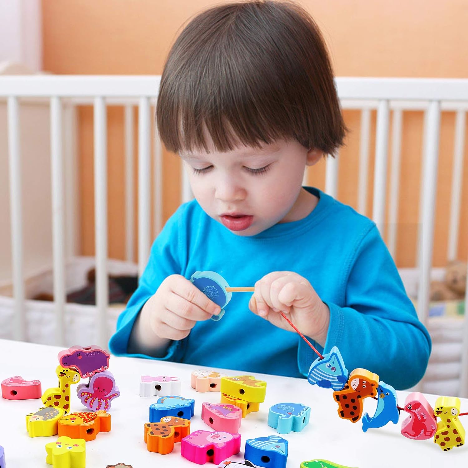 40 Pcs Lacing Beads for Toddlers Wooden Threading String Toys Montessori Beads Preschool Toys Learning Educational Toys Christmas Birthday Xmas Gift for Boys Girls Babies
