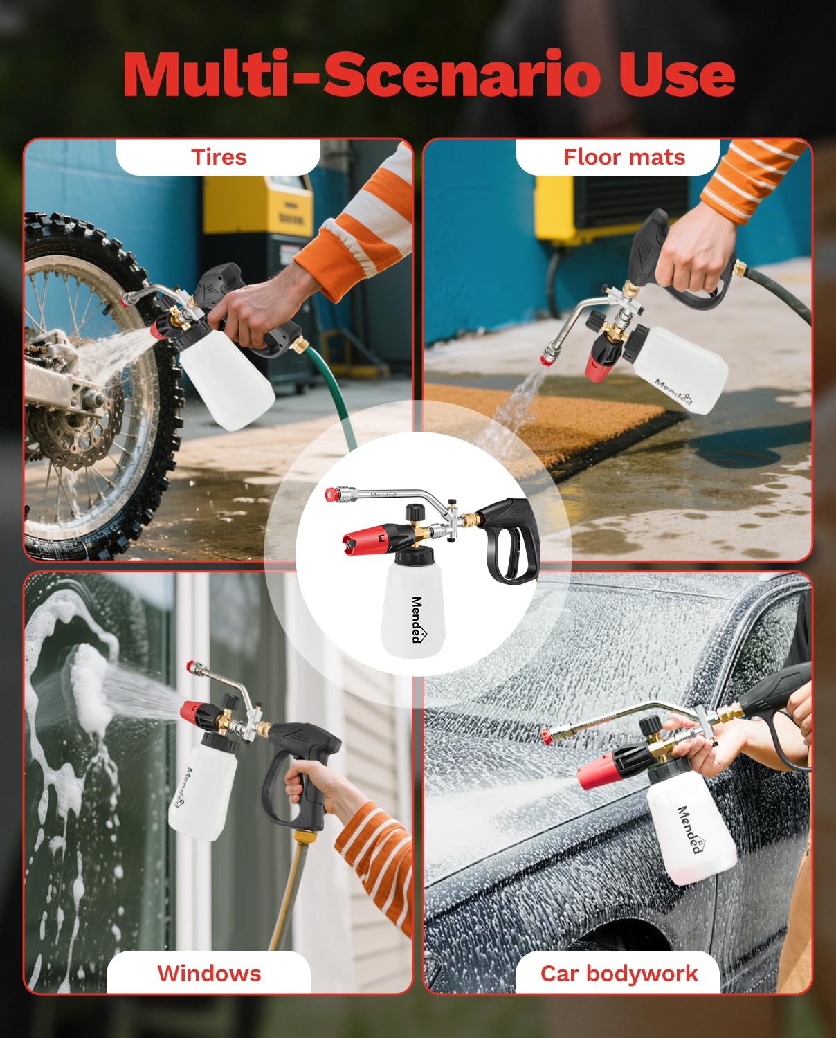 MENDED Cañón de espuma para lavadora a presión: kit de lavado de coche con doble conector, accesorios de lavadora eléctrica, pistola para limpieza, 5 boquillas pulverizadoras de lavadora eléctrica