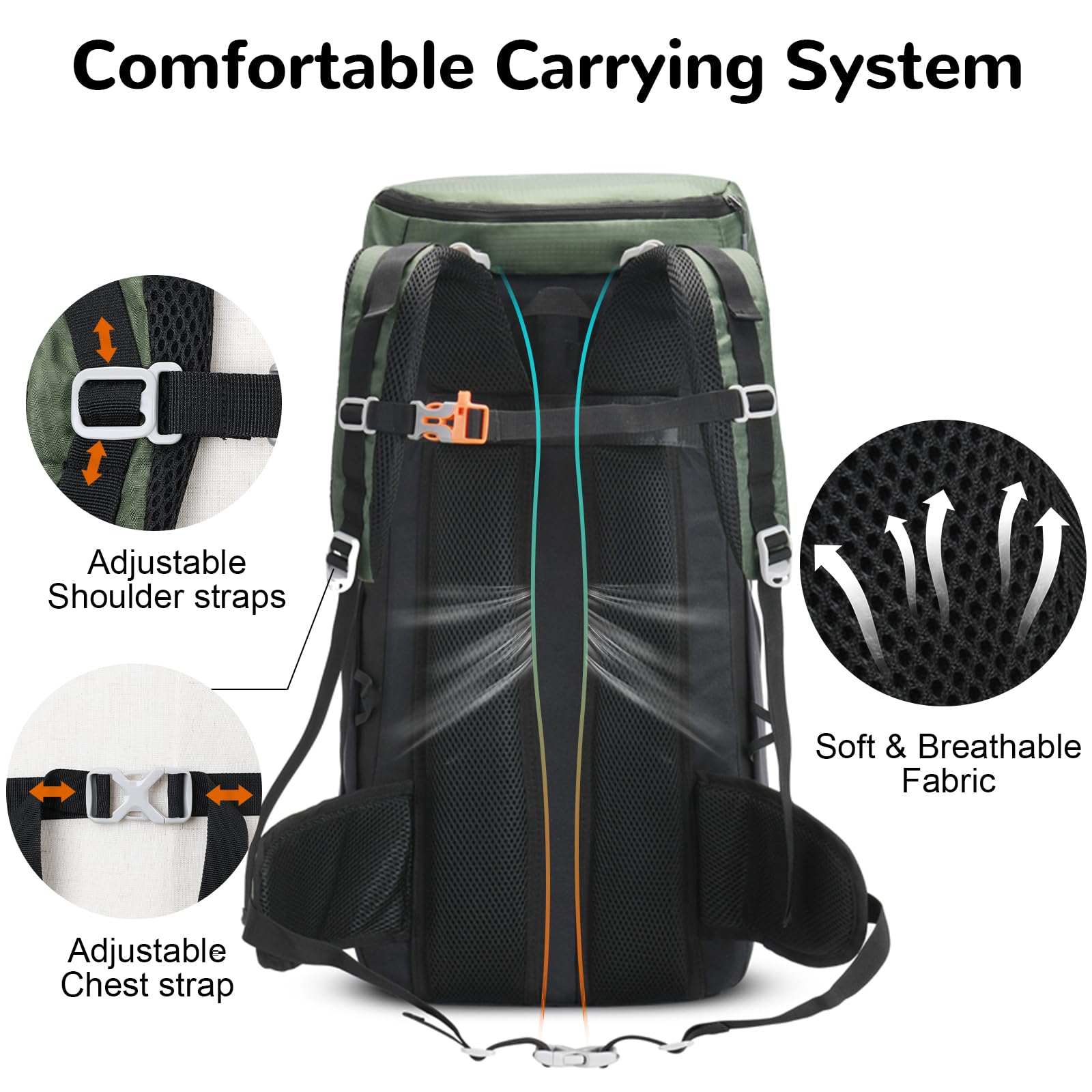 50L Zaino da Trekking con Apertura Frontale, Zaino da Viaggio Impermeabile per Campeggio Escursionismo, Grande Zaino da Montagna Leggero per Sport Alpinismo Avventura, Verde