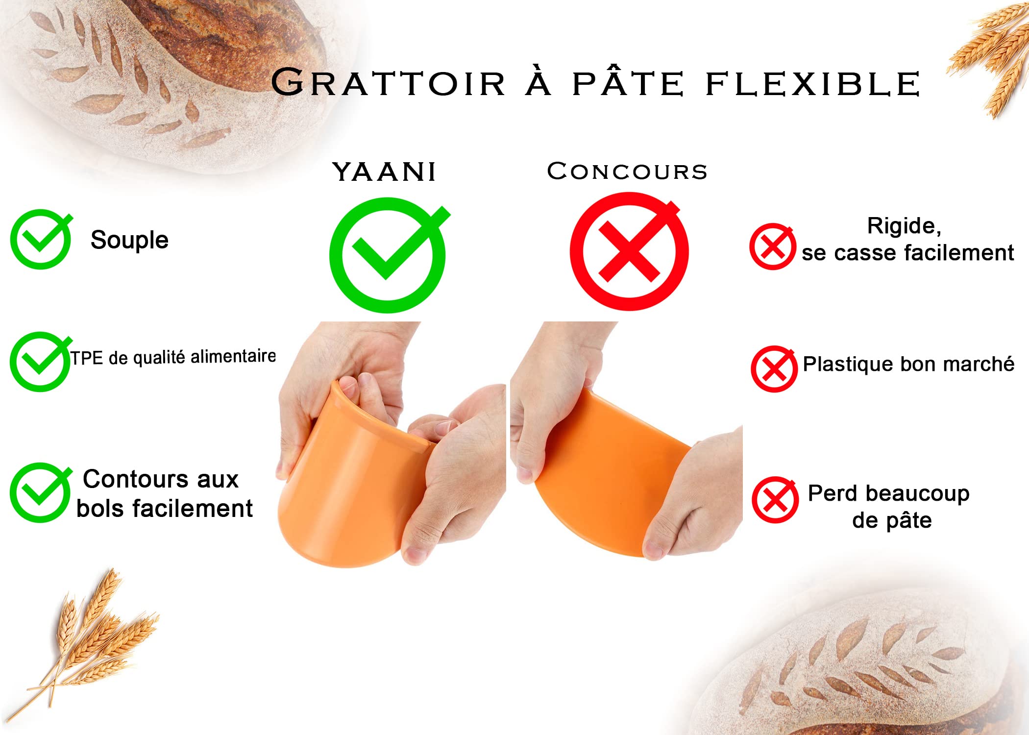 YAANI Lot de 2 paniers à pain ronds de 22 cm et 25 cm ovales pour banneton, corbeille à pain + manche en bois et racleur à pâte avec 5 lames + racleur à pâte en plastique +pour pain à levain