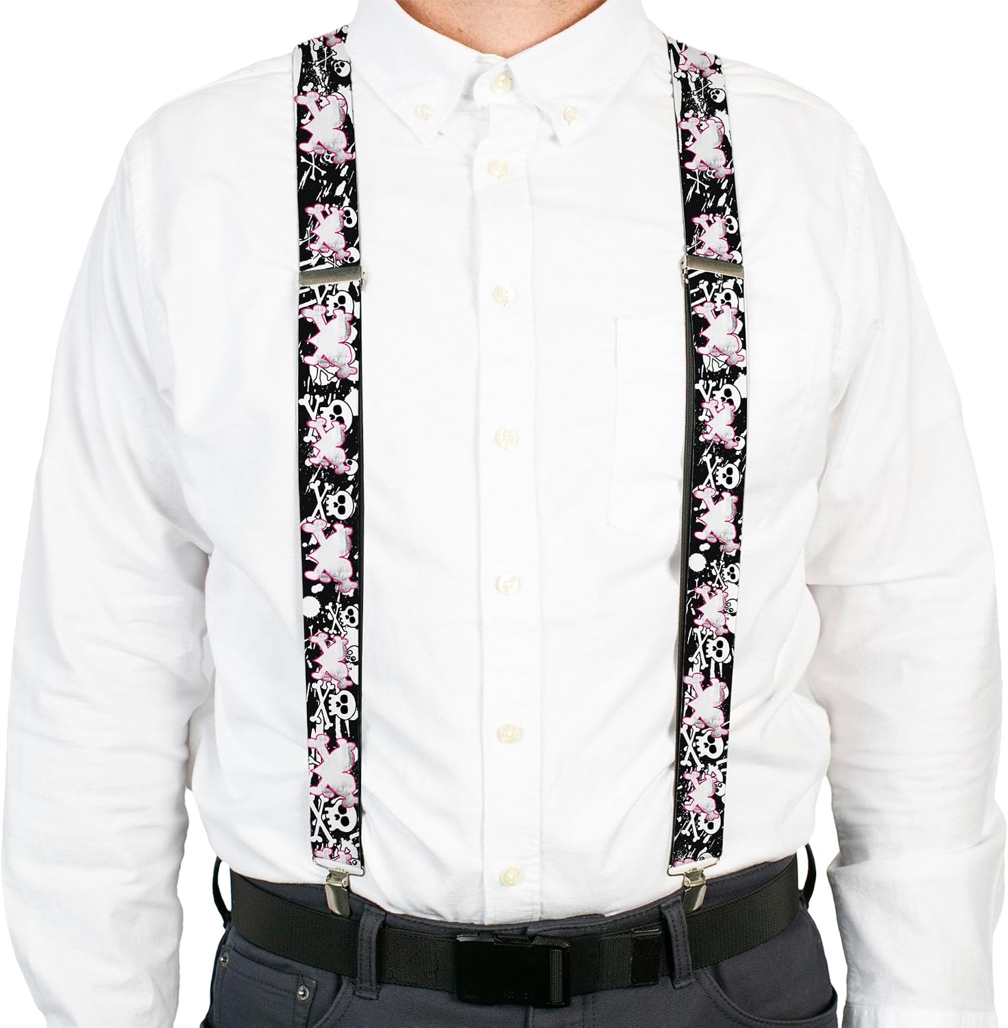 Buckle-Down Suspenders, Heart Cross Bones Skulls Splatter Black White
