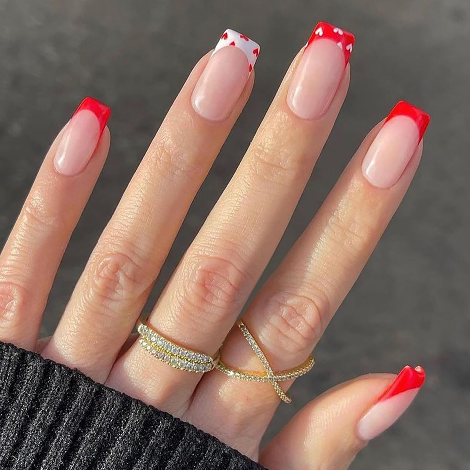 Valentines Press on Nails Medium Square MABKJLF French Tip Fake Nails Red & White False Nails with Cute Heart Designs Glossy Glue on Nails Valentine's