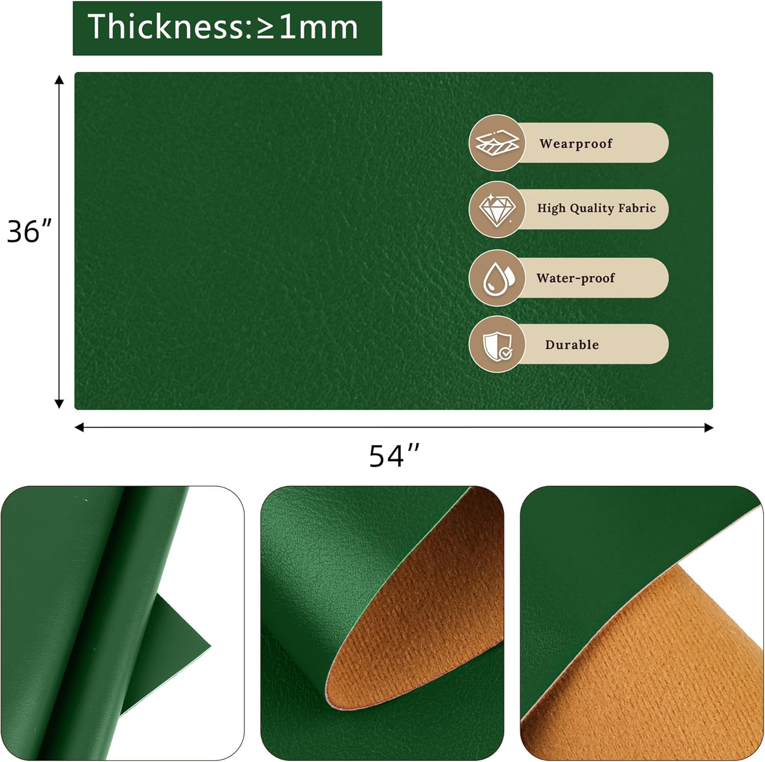 Faux Leather Fabric for Crafts,Soft Synthetic PU Fabric Upholstery Leather DIY Projects for Outdoor Boat Automotive Sewings Sofa Chair, Individual 1 Yards Cut 36" x 54" (Dark Green, 1 Yard)