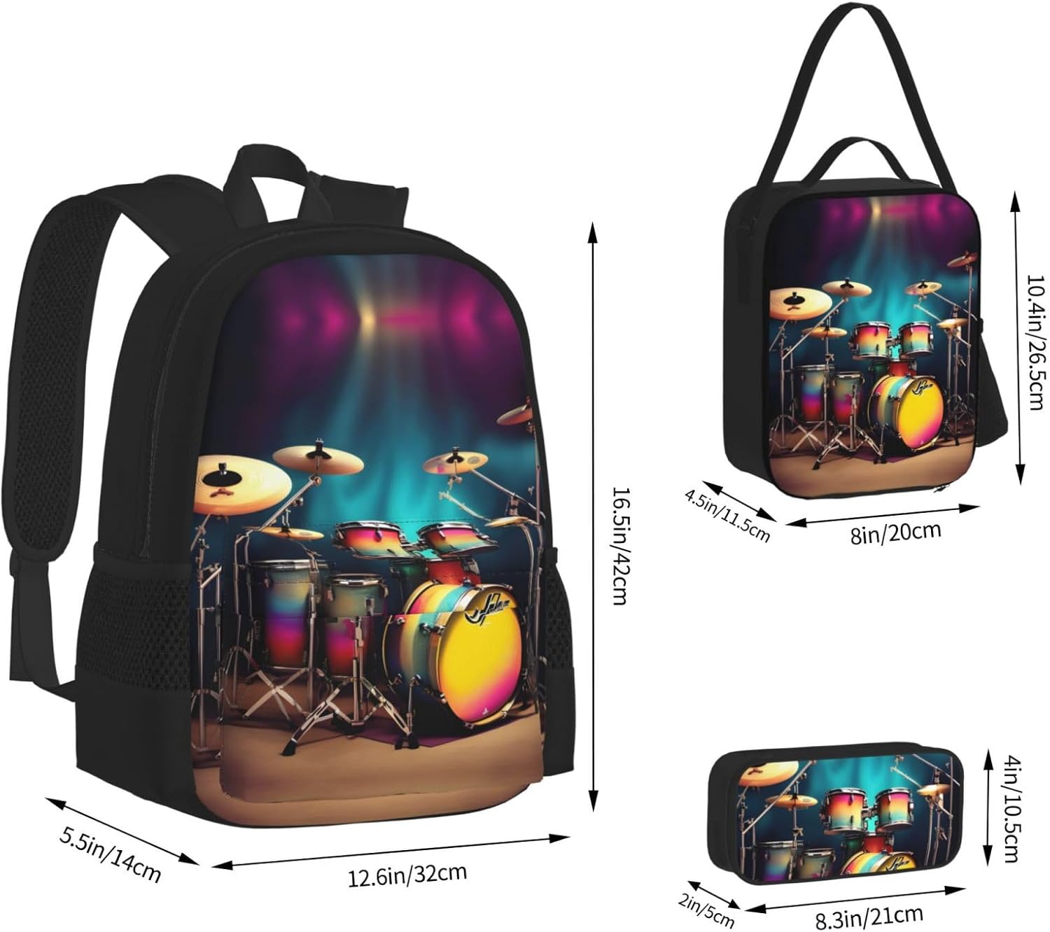 3-In-1 Backpack Bookbag Set,Cool Drums Set Print Casual Travel Backpacks,With Pencil Case Pouch, Lunch Bag
