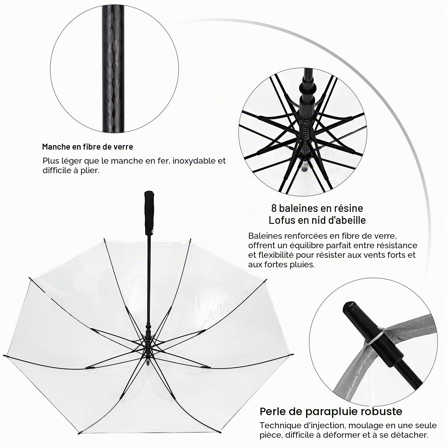 G4Free Parapluie de golf transparent de 157,5 cm avec ouverture automatique, surdimensionné, coupe-vent, imperméable avec manches, pour homme et femme