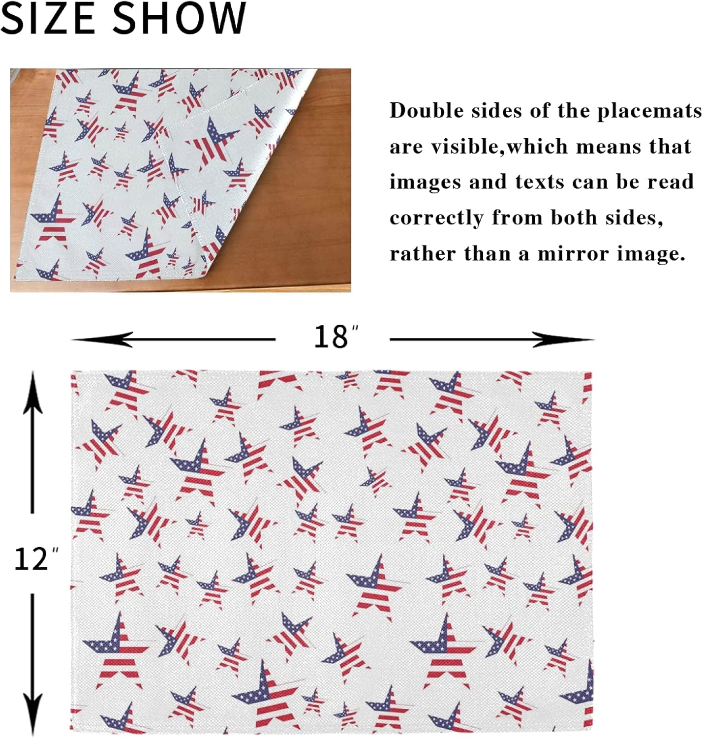 American Independence Day Placemats Set of 6, USA Flag Stars Placemat Table Place Mats for Dining Kitchen Table July 4th Patriotic Place Mats 12" x 18"