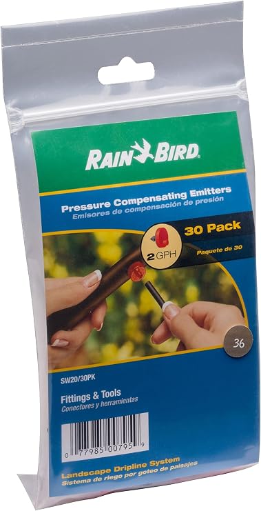 Rain Bird SW20-30PS Drip Irrigation Spot Watering Dripper/Emitter, 2 Gallon Per Hour, 30-Pack