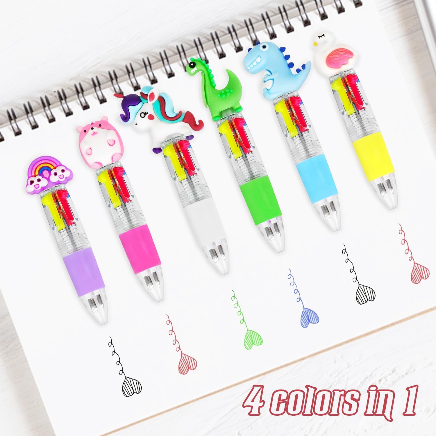 Stylos 4 Couleurs En 1 - Lot De 12 Stylos Kawaii Miniatures - 0.5 Mm Pointe Fine - Cadeaux Enfants, Anniversaire