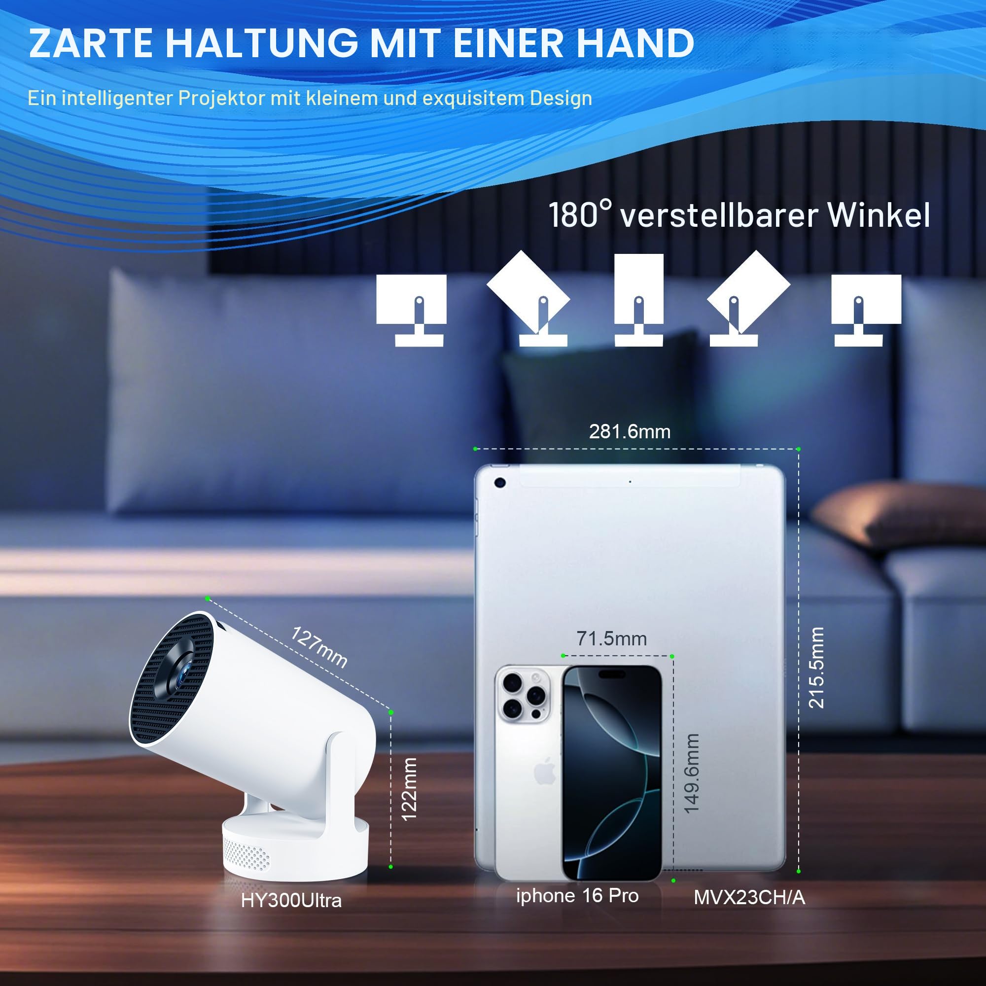 Mini Projektor 4K Beamer Tragbarer Minibeamer 2.4/5G Dual WiFi6 Android 11 1080P Full HD unterstützt für Telefon/PC/Lap/Stick HDMI Heimkino Externer Lautsprecher