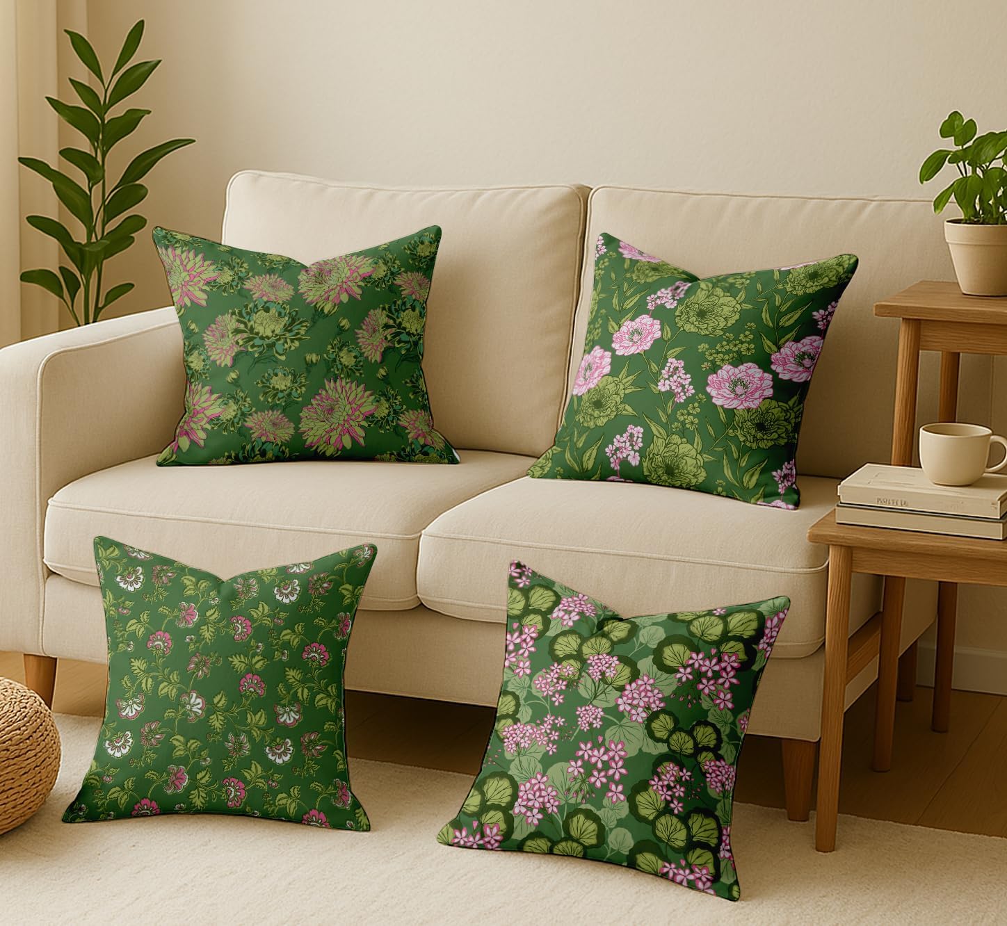 16x16, Cotton Cushion Covers Set of 4 Printed Throw Pillow Covers with Hidden Zip, Double Sided Design - Green, Floral Design
