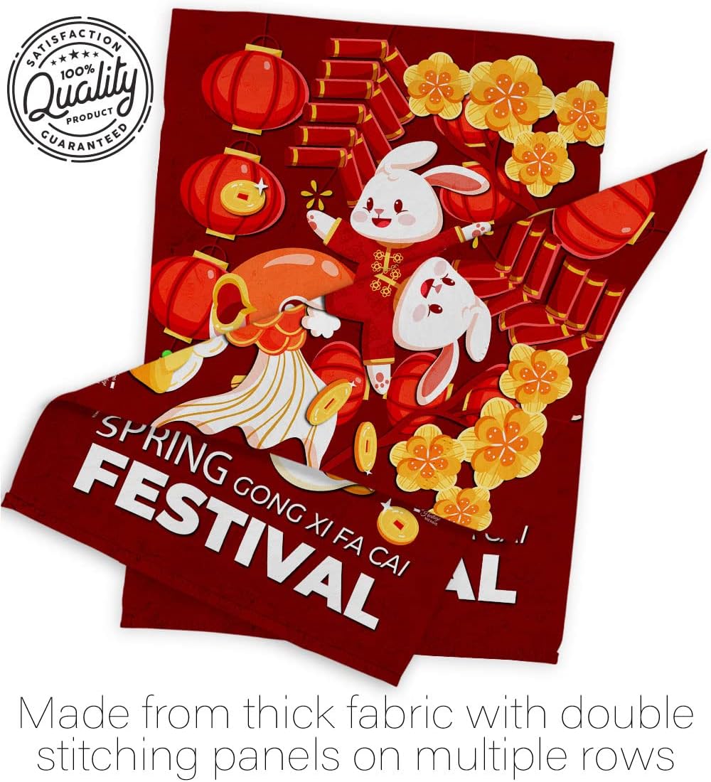 Chinese New Year Of Rabbit Outdoor Decor Banner Room Wall Art Flag Poles For Outside House Patio Porch Lawn Garden Stand Tapestry Yard Sign Lunar New Year Gifts Spring Festival Decorations Made In USA