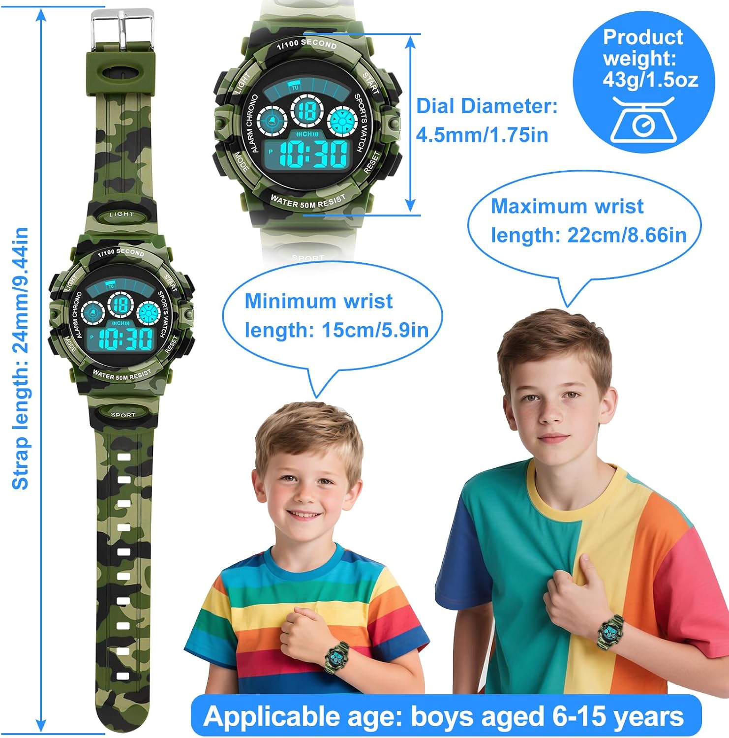 Edillas Kids Watches Boys Digital, 7 Colors LED Lights 50M Waterproof Wristwatches for Children Students Teenagers Sport Outdoor Multifunctional with Stopwatch/Alarm Ages 7-15