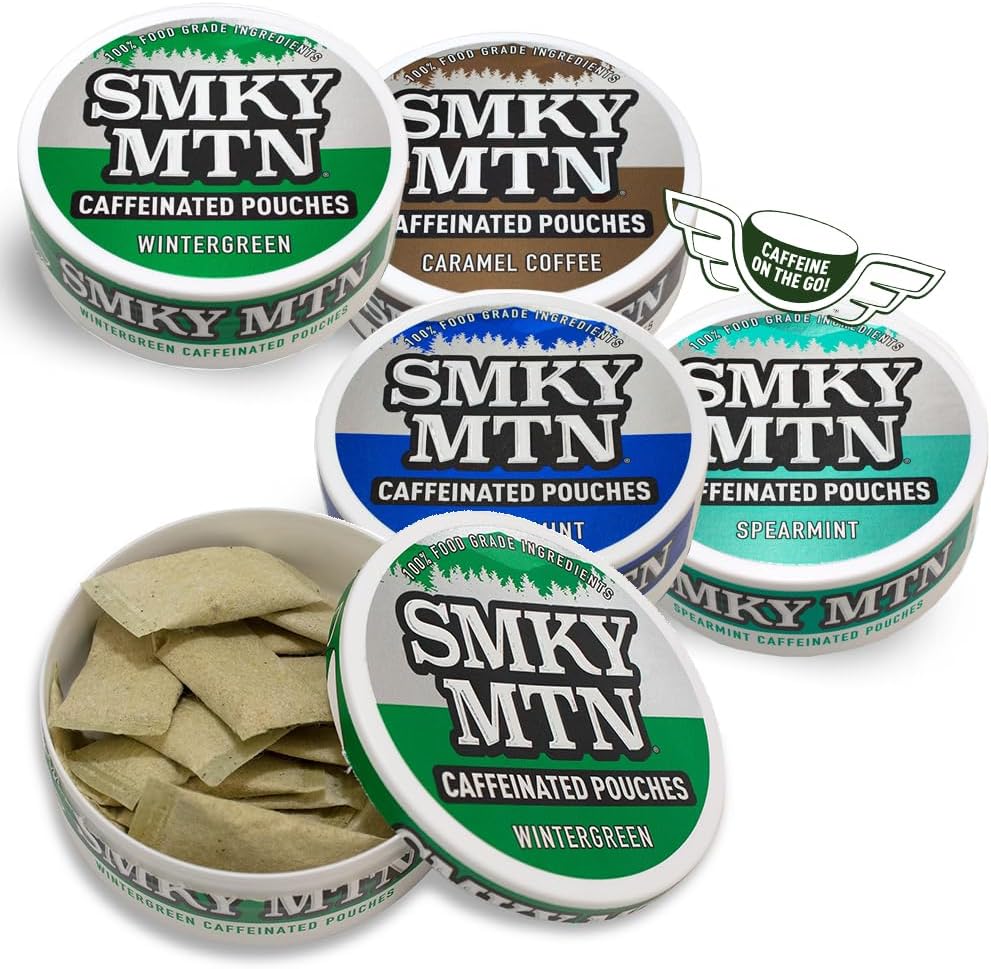 Caffeinated Pouches - 5 Can Sampler Pack - 2 Wintergreen and 1 Each of Arctic Mint, Spearmint and Caramel Coffee - 15 Pouches Per Can