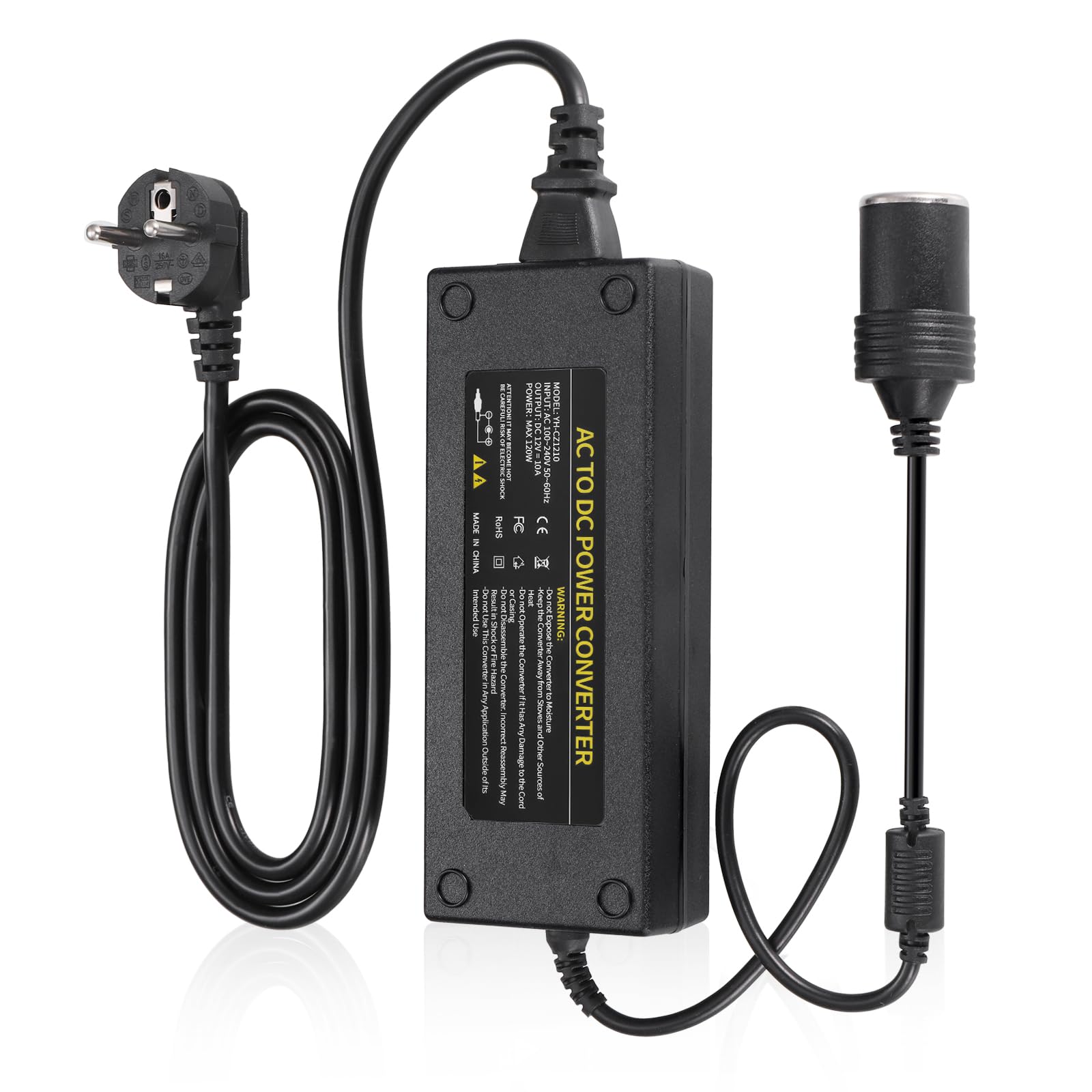 JIZZU Adaptador Mechero Coche a Enchufe 120W, Transformador 220V a 12V 10A, Convertidor de Corriente AC a DC para Aspiradoras de Coche, Compresores, Frigoríficos