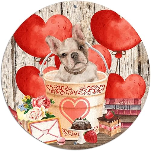 Letreros redondos de metal para el día de San Valentín, diseño de bulldog francés, corazón rojo, grano de madera, para amantes de los perros y