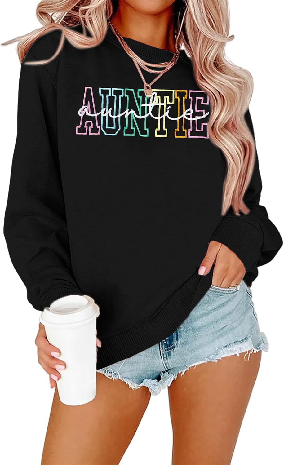NANYUAYA Auntie Sweatshirt for Women Embroidered Cool Aunt Shirt Funny Letter Graphic Sweatshirts Long Sleeve Pullover Tops