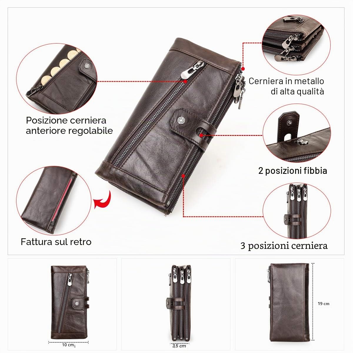 Contacts RFID Blocking Portafoglio lungo da uomo in vera pelle,con chiusura lampo multifunzion porta pochette Cellulare retro marrone scuro (Caffè1)