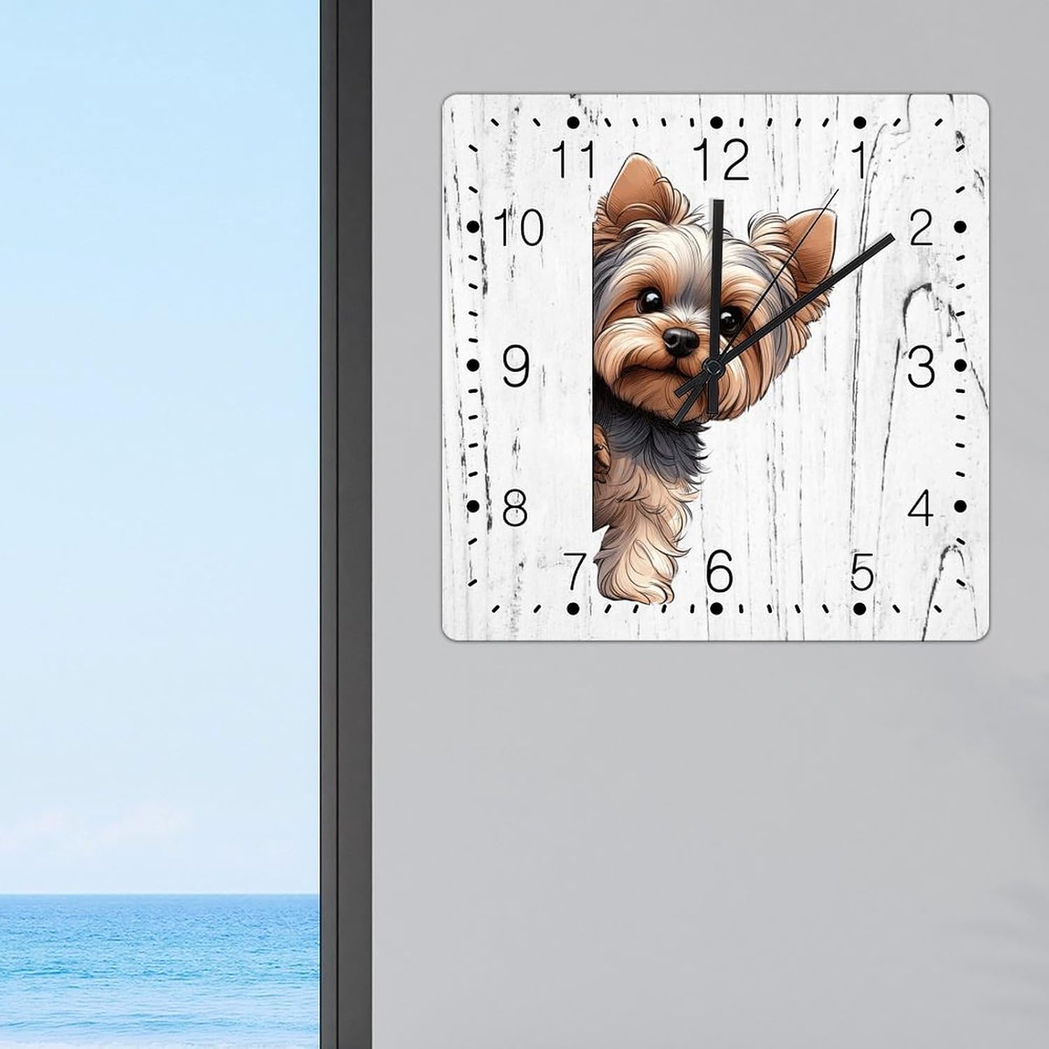 Yorkshire Terrier Clock Yorkshire Terrier Dog Peeking ASquare Corner Clock for Wall Gift for Dog Owner Square Wood Clocks Non-Ticking Silent Wall Clock for Home Living Room 12x12in