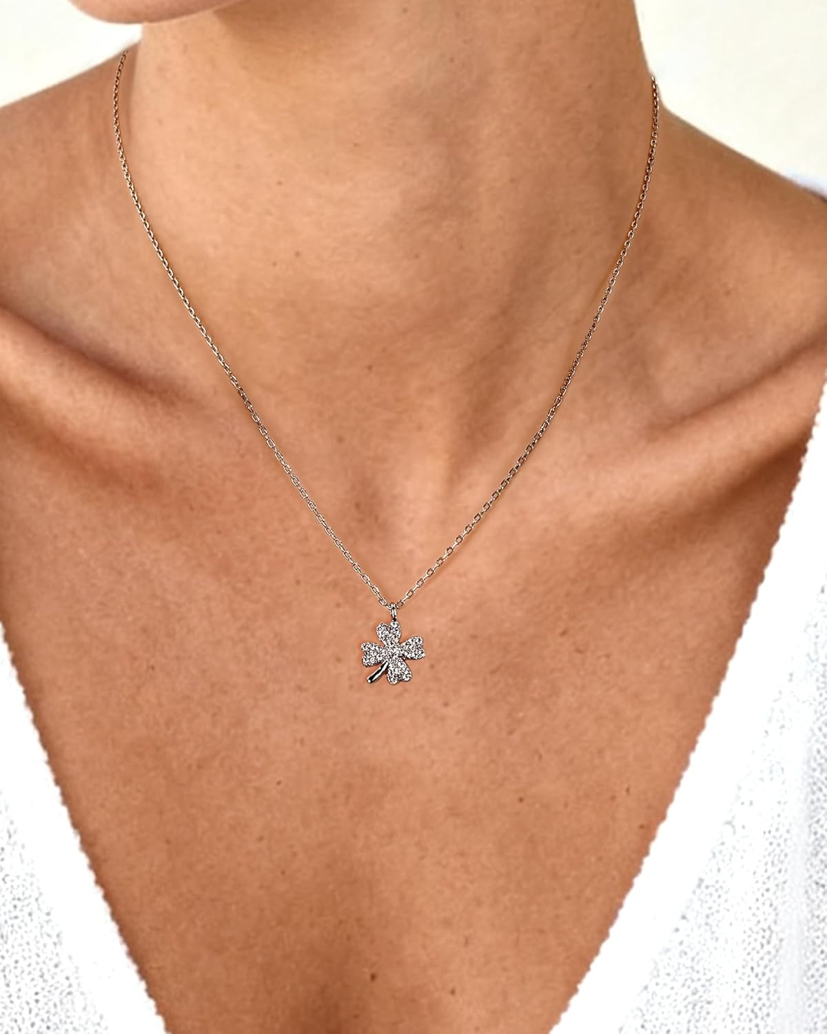 Silver Four Leaf Clover Necklace for Women Tiny Lucky Clover Cubic Zirconia Pendant Necklaces Adjustable Chain Charm Jewelry Gift - Image 4