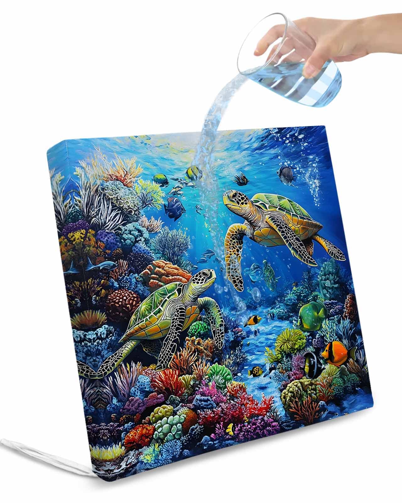 2 Pack Blue Sea Turtle Ocean Waterproof Cushion Covers with Ties, Outdoor Patio Chaise Lounge Chair Seat Cushion Slip Covers Replacement(Only Cover) Colorful Coral Sea Underwater 24