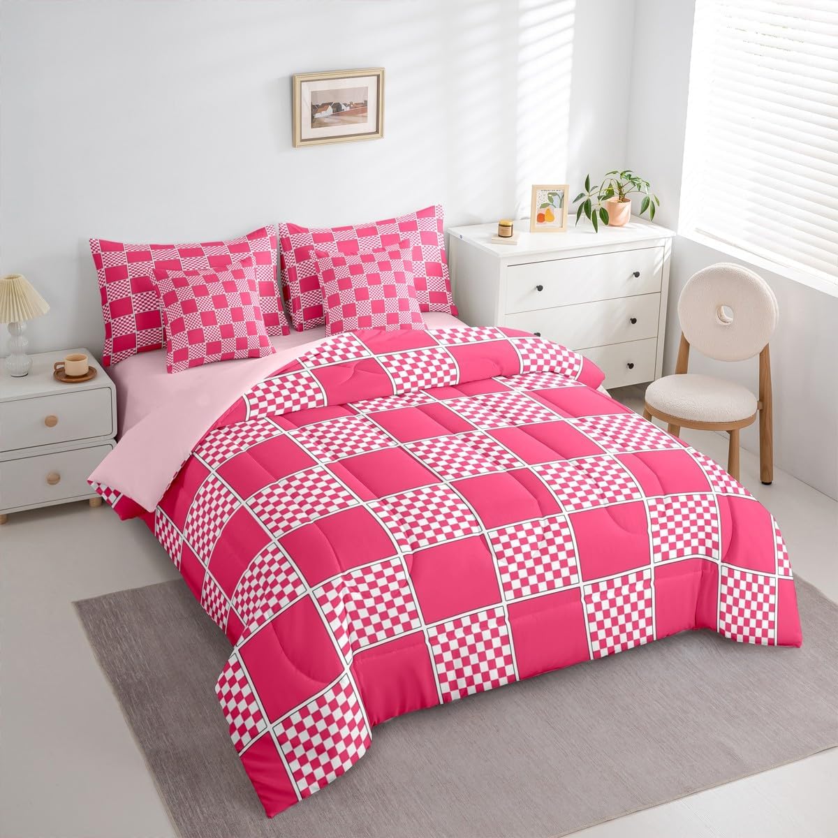 Erosebridal Hot Pink Checkered Full Comforter Set with Sheets 7 Piece Gingham Buffalo Plaid Bed in A Bag Geometric Grids Bedding Sets for Kids Girls Teen Women,Modern Bed Set image 5