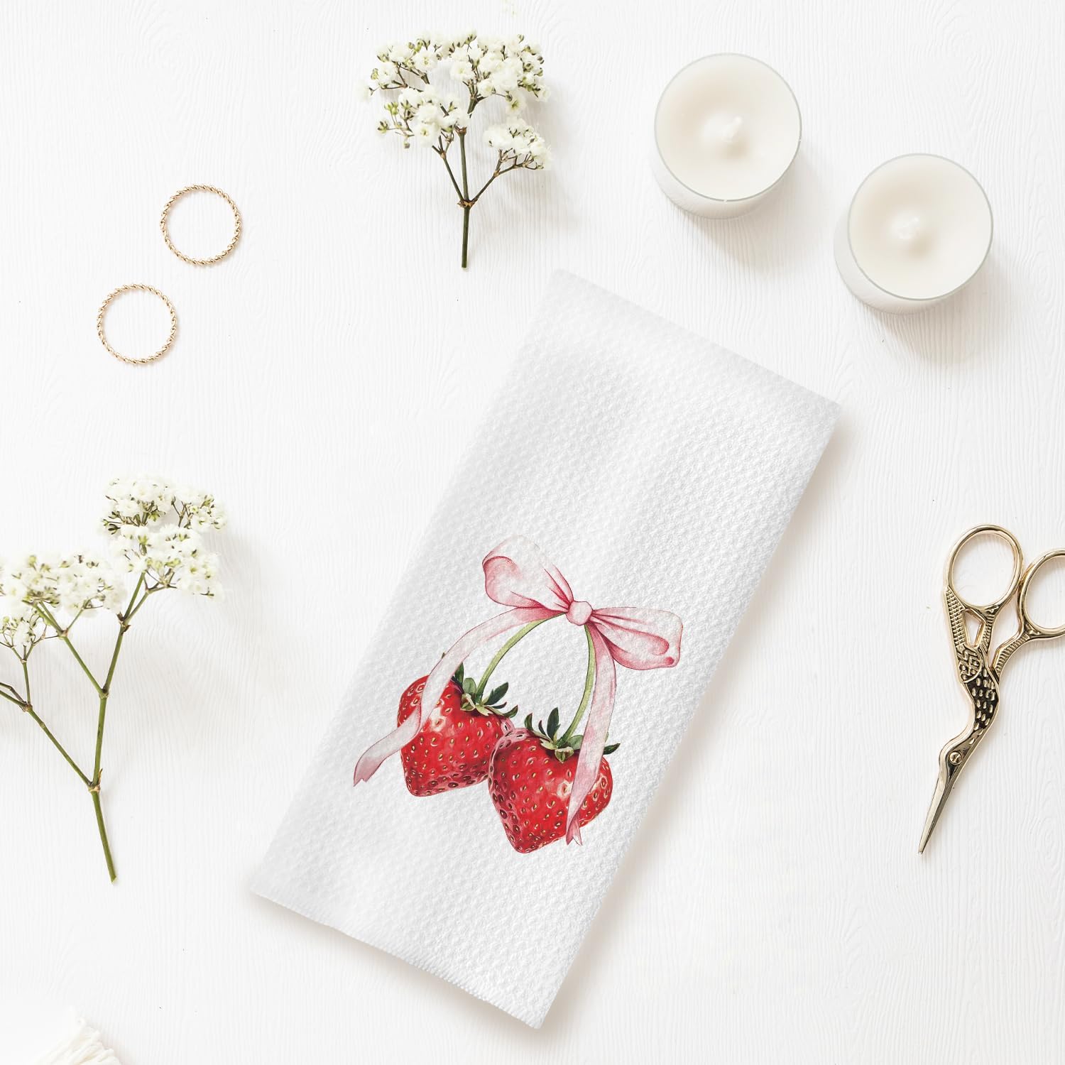 Strawberry Kitchen Towels, Preppy Coquette Pink Bow Strawberry Hand Towels for Bathroom, Strawberry Dish Towels for Kitchen, Strawberry Bathroom Kitchen Decor, 16x24 Inches - Image 4