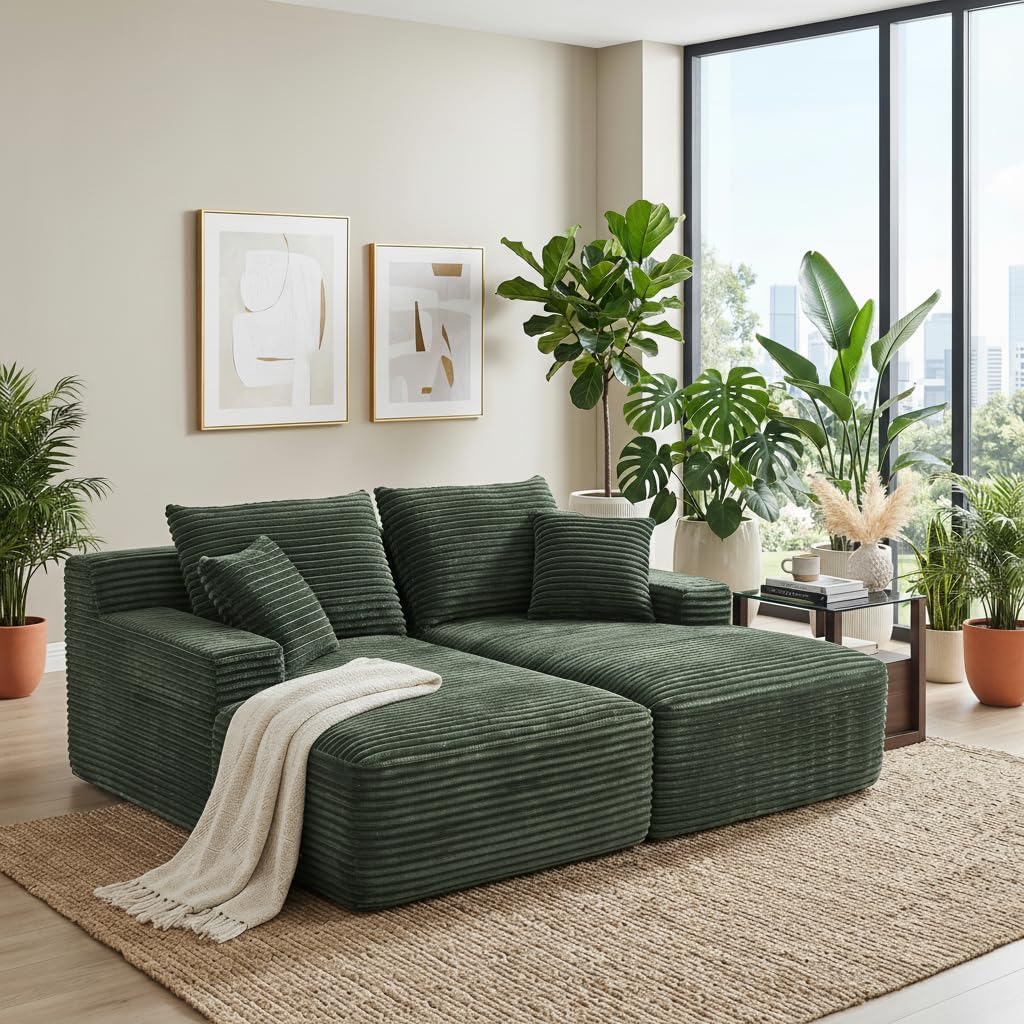 80" Double Chaise Lounge Indoor,Corduroy Boneless Sleeper Sofa Daybed,Oversized Living Room Recliner Double Chaise Lounge Chair for Relaxing,Reading,Napping,No Assembly (Green)