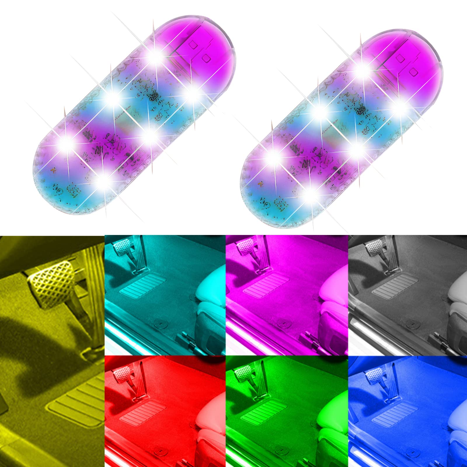 Car Led Interior Lights, 2 PCS Wireless Touch Car Atmosphere LED Lights, RGB 7 Colors Adjustable Interior Ambient Lighting, USB Rechargeable Mobile Reading Light, Portable Footwell Door Ceiling Light