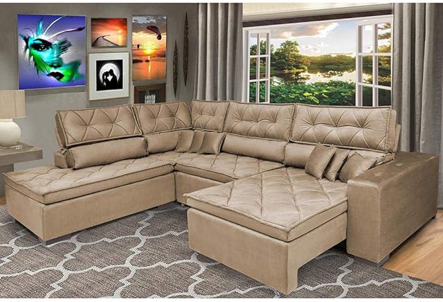 Sofa de Canto Retrátil e Reclinável com Molas Cama Inbox Platinum Esquerdo 3,00x2,36 Suede Castor