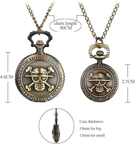 Miniatura 6 de JewelryWe Reloj de bolsillo de cuarzo de una pieza con diseño de calavera de anime de bronce antiguo con cadena de 31.5 pulgadas para el día de San